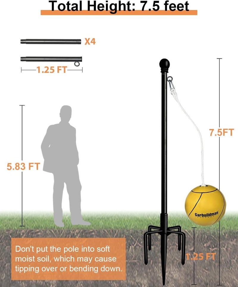 Garbuildman Tetherball Set with Ball & Rope for Outdoor Backyard, Adjustable Tether Ball Pole with Reinforced 5-Prong Base for Playground, Outside Ball Games Sports for Kids & Adults, Black - Image 2